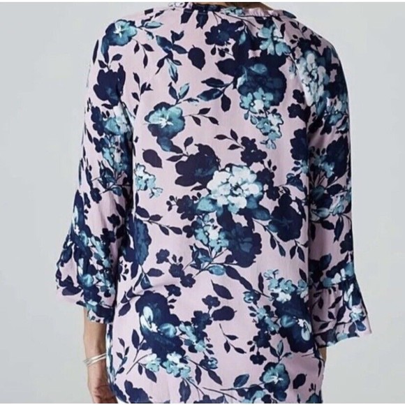 J.Jill Mauve Beautiful Blossoms Blouse Size XS Floral Ruffle Sleeve Tie Neck NEW - Picture 11 of 12